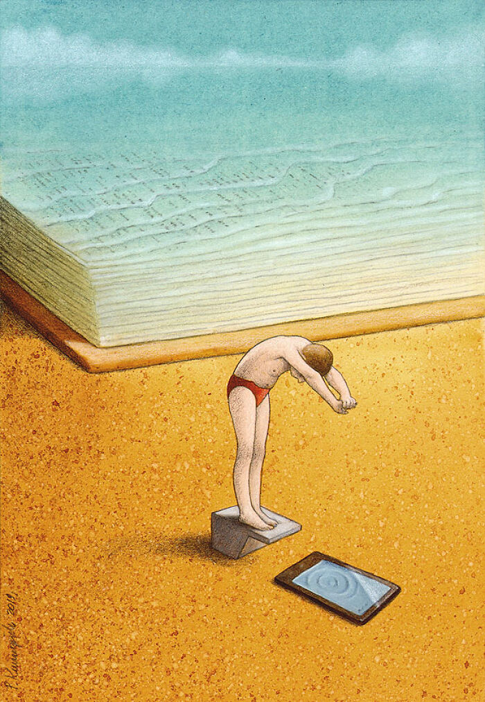 Satirical illustration depicting a person ready to dive into a phone on a beach, with a giant book forming the ocean.