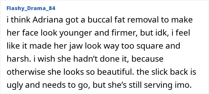 Comment discussing buccal fat removal and jawline shape in the supermodel viral transformation