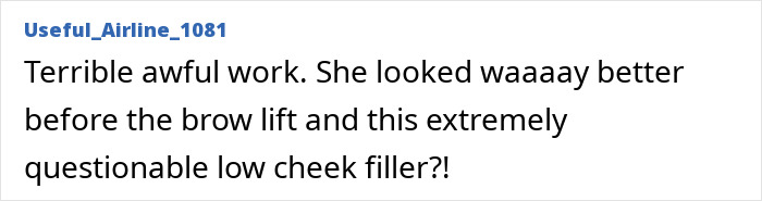 Reddit comment criticizing the supermodel viral transformation, suggesting a brow lift and cheek filler