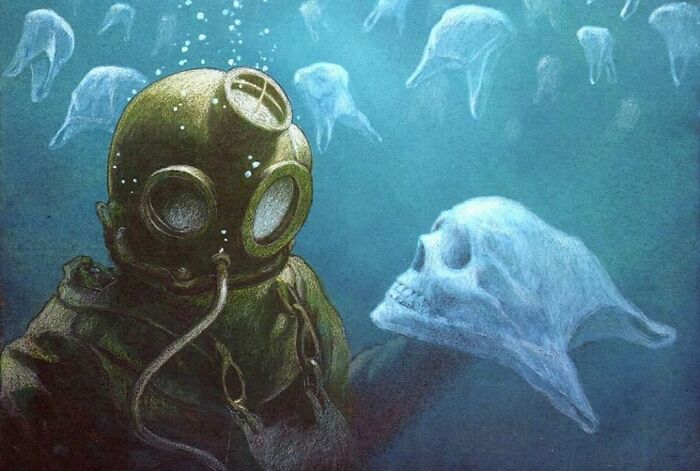 Satirical illustration of a deep-sea diver encountering a skull made of plastic, highlighting modern society's pollution.