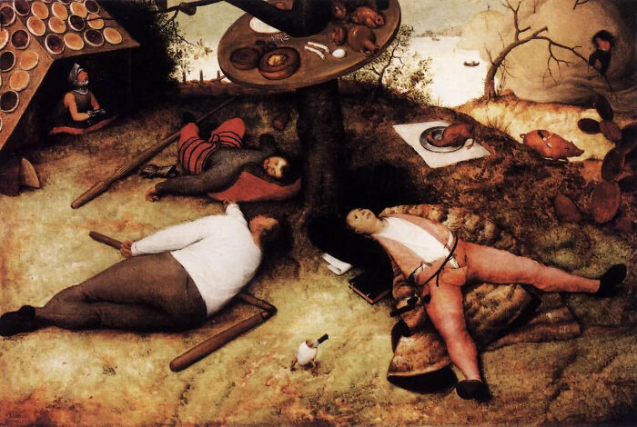 A strange famous painting depicts people sleeping on the ground in a peculiar landscape, some with food nearby.