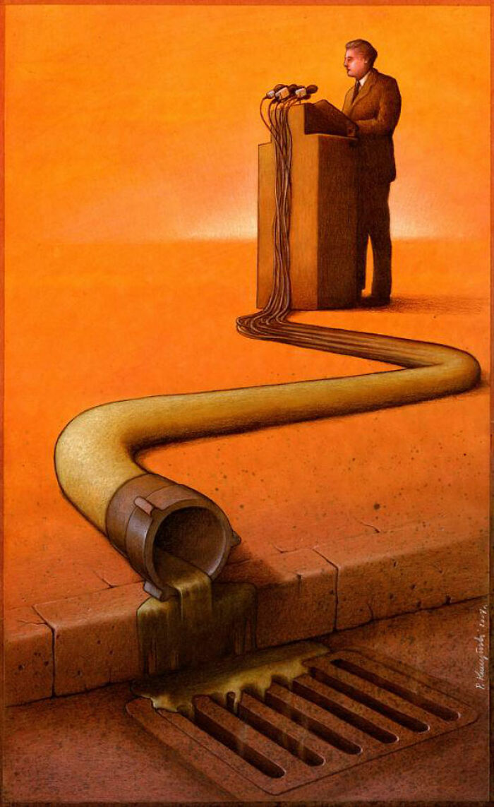 A satirical illustration depicting a speaker at a podium, with microphone wires extending into a large pipe that pours waste into a drain, revealing society's political corruption.