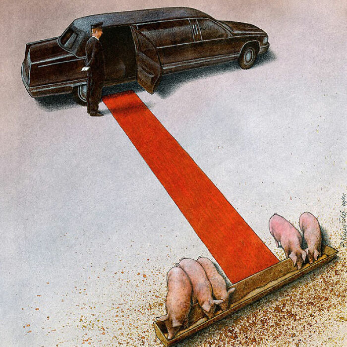 A satirical illustration portraying a limousine's red carpet leading to pigs eating from a trough, symbolizing societal privilege and excess in modern society.