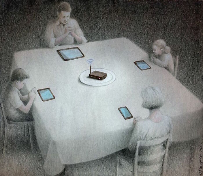 A satirical illustration showing a family dinner, each person focused on their tablet, centered around a WiFi router instead of food, highlighting modern society's tech obsession.