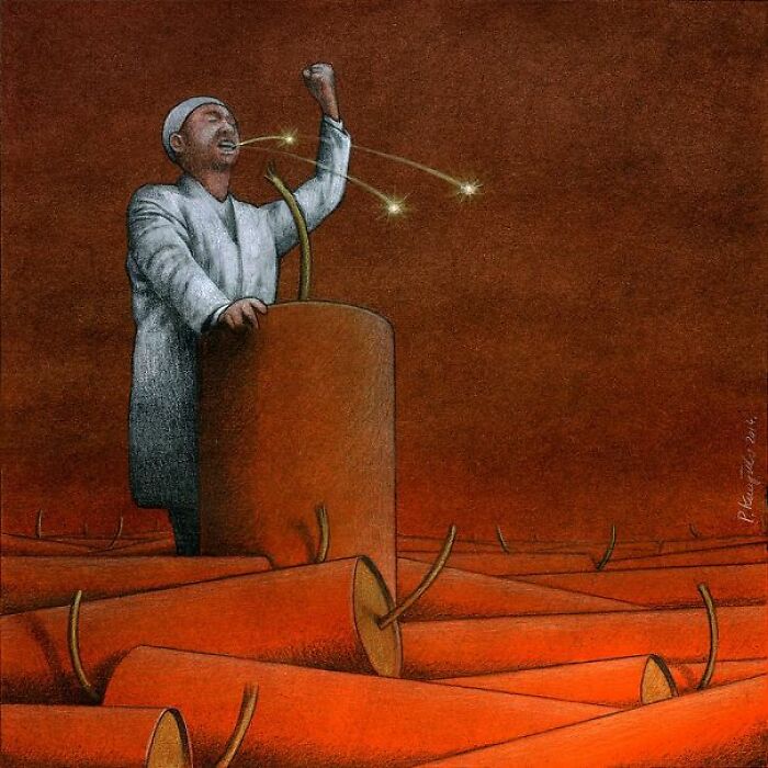 Satirical illustration: A speaker on a podium, shaped like a dynamite stick, addresses a crowd of more dynamite, symbolizing explosive rhetoric in modern society.