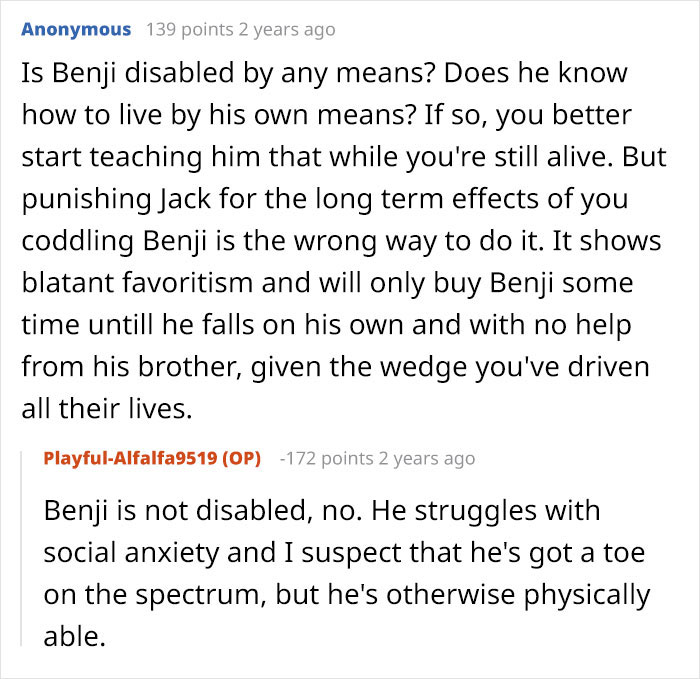 A comment asking if Benji is disabled and discussing inheritance distribution and favoritism among sons. A comment asking if Benji is disabled and discussing inheritance distribution and favoritism among sons.