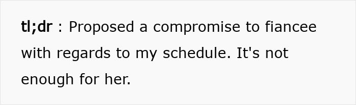 Summary text about proposing martial arts schedule compromise to fiancée Summary text about proposing martial arts schedule compromise to fiancée