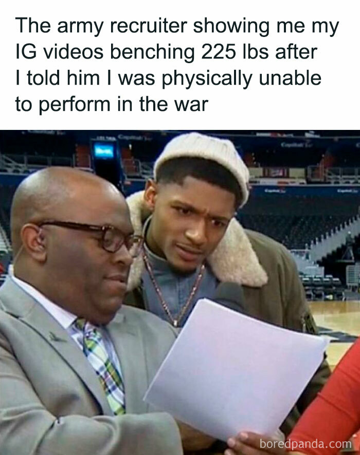 A meme about relationships featuring an army recruiter reviewing IG videos for a physically unable person.