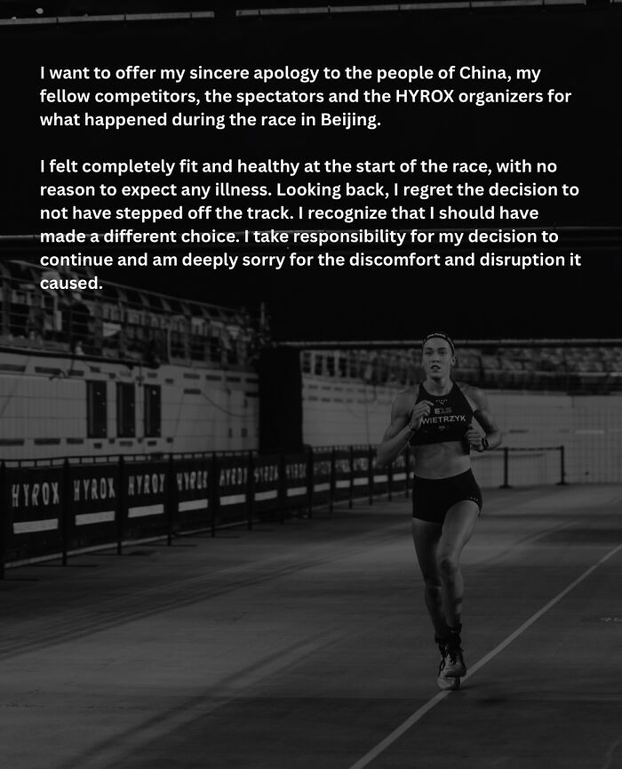 HYROX athlete apology statement displayed over an image of the athlete running.