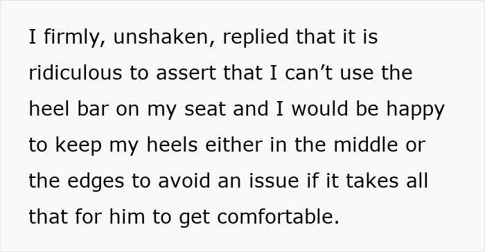 Text: woman asserts her right to the space under her seat against an entitled man.