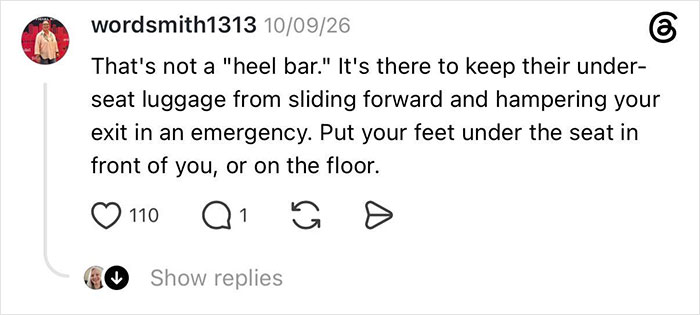 An online comment from 'wordsmith1313' discusses the entitled man who kicked the woman under her seat.