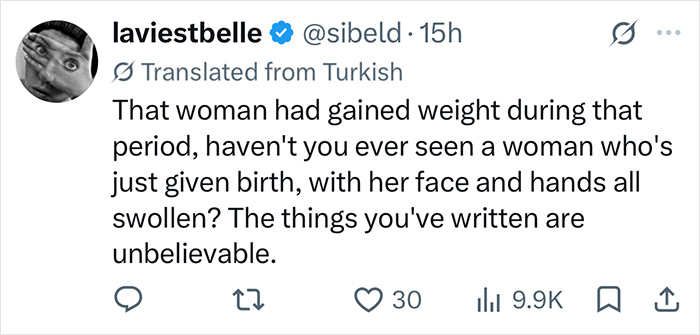 Tweet expressing skepticism about a supermodel transformation after childbirth weight changes.