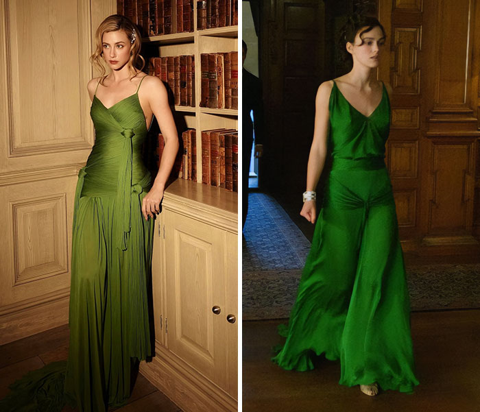 Lili Reinhart recreating iconic movie looks in a green silk gown next to Keira Knightley in Atonement