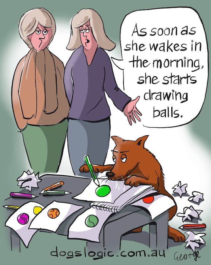 A comic of a dog drawing colorful balls on paper, showcasing humorous dog logic