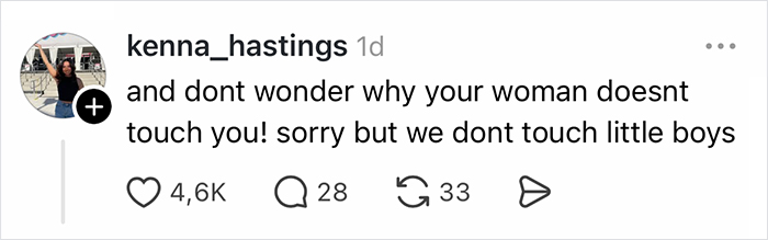Social media comment about women not touching men and relationship frustrations