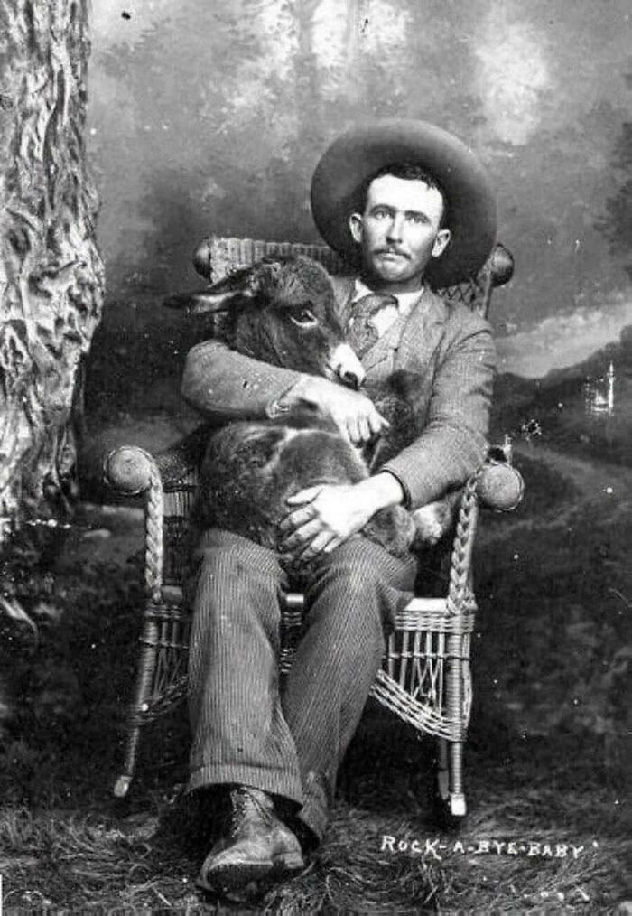 Vintage portrait of a man holding a small donkey, featured in old photos of animals.