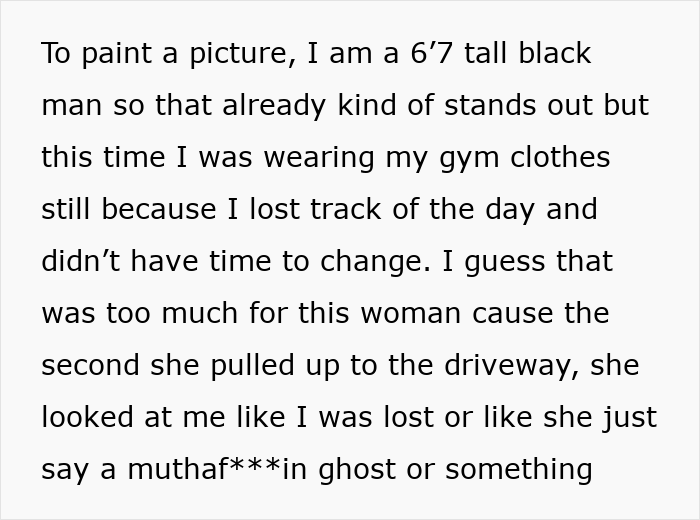 Text snippet detailing a tall black man, turned away by a realtor for not fitting the neighborhood. Text snippet detailing a tall black man, turned away by a realtor for not fitting the neighborhood.