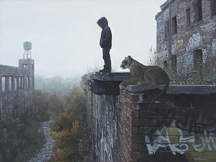 A hooded figure standing beside a cougar on a ledge, from dystopian paintings by Kevin Peterson