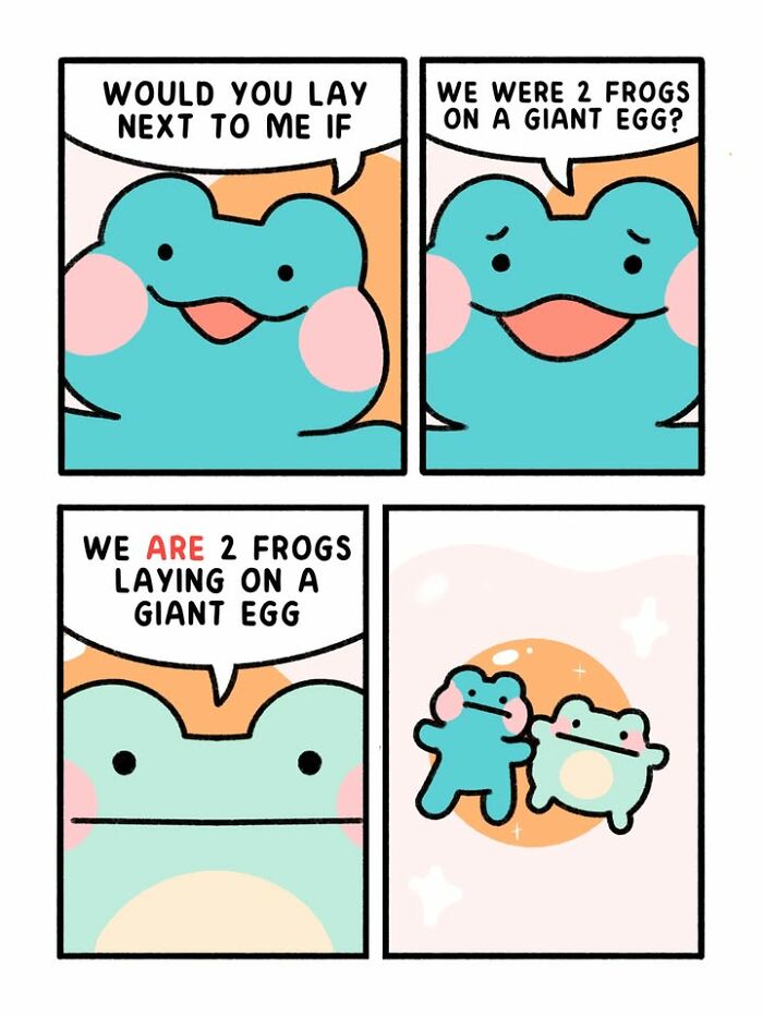 An everyday life comic about two frogs contemplating their existence on a giant egg, providing a relatable comic moment.