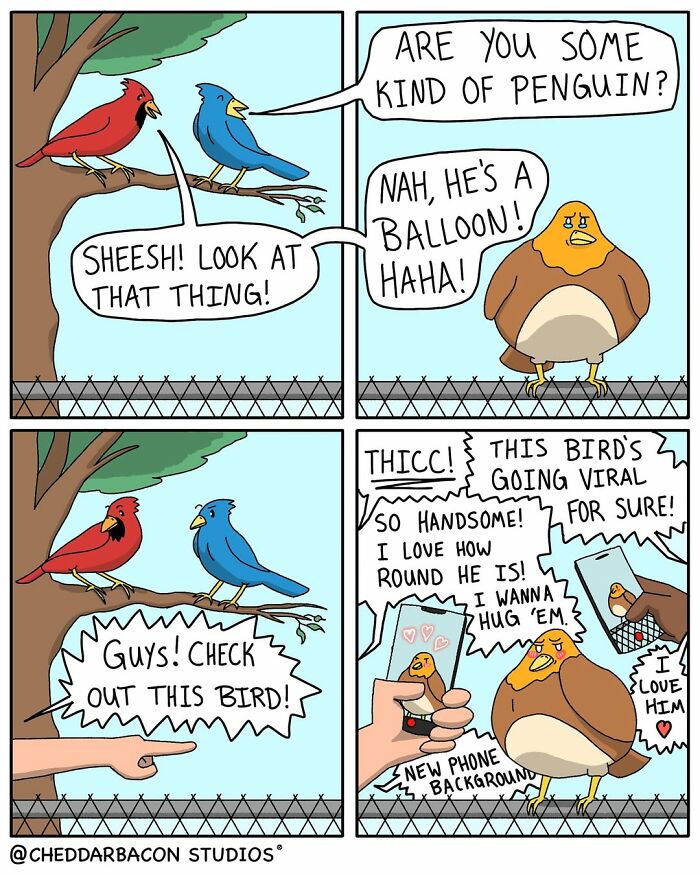 A comic showing birds admiring a round, balloon-like bird, highlighting the hilarious and relatable absurdity of being an adult.