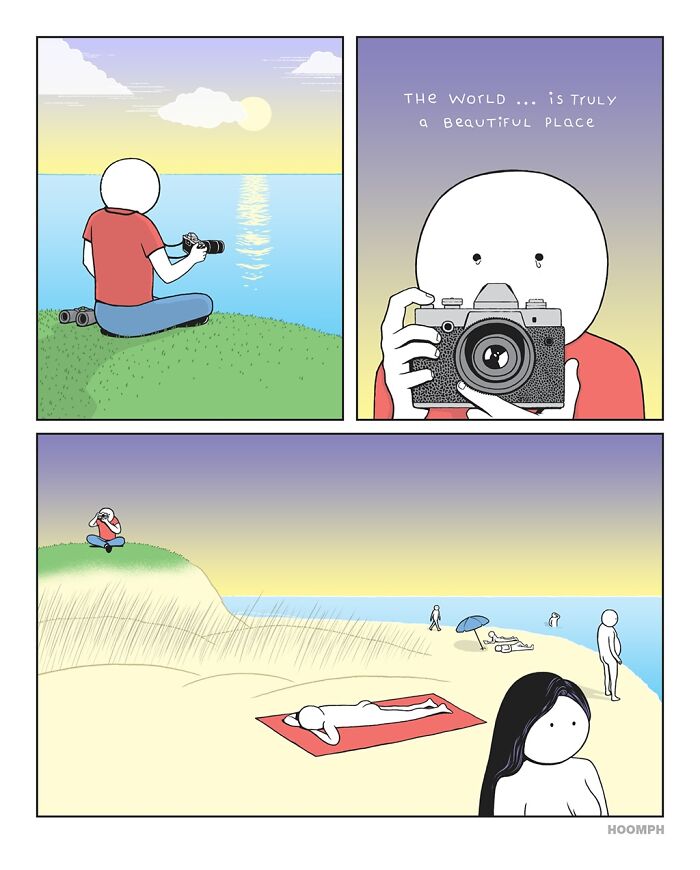 A comic by Bips McCallister showing a man photographing a woman on the beach, unaware of her discomfort.