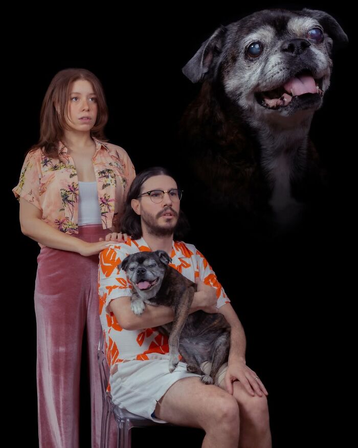 A couple posing with their pet dog, with a portrait of the dog floating above on a black background, capturing silly portraits of pets and their owners.