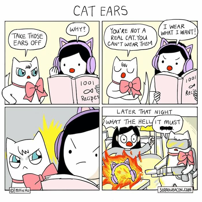 Artist creates comics about cat ears in funny twists, where a girl wears them despite a cat's disapproval, leading to a fiery confrontation.