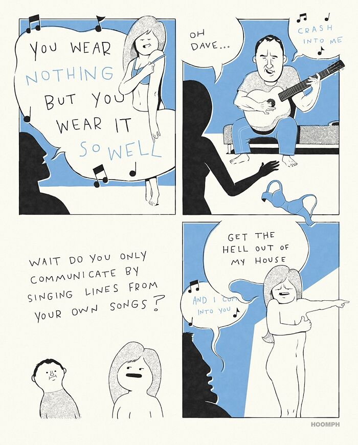 A comic by Bips McCallister illustrating a man communicating only through his own songs, to a woman's annoyance.