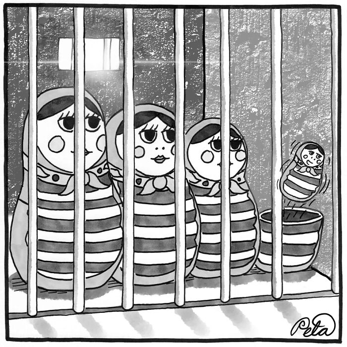 Single-panel comic with nesting dolls behind jail bars, depicting humor in life absurdities by Peta Manning