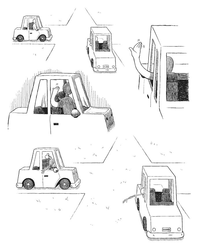 A comic by Bips McCallister depicting various people in cars waving at each other with increasing absurdity.