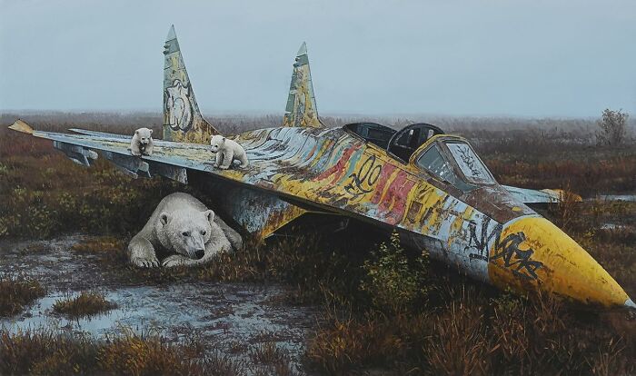 Polar bear and cubs on a rusted fighter jet in Kevin Peterson dystopian paintings