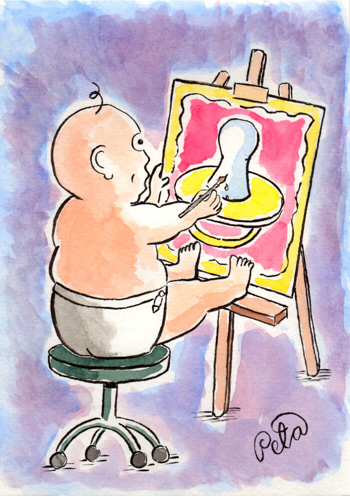 Watercolor comic of a baby painting a pacifier on a canvas, humorous art by Peta Manning