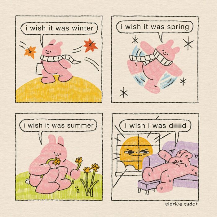 Pink rabbit wishes for different seasons and a dark punchline in Clarice Tudor comic