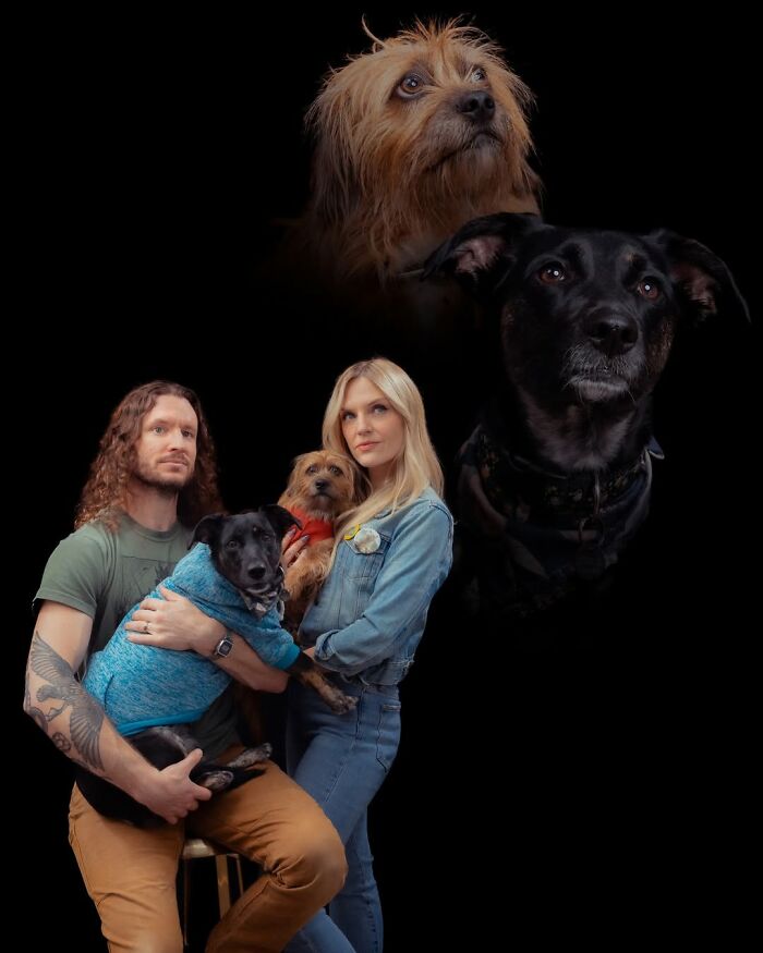 A photographer captured a man, woman, and three dogs in silly and quirky portraits of pets and their owners.