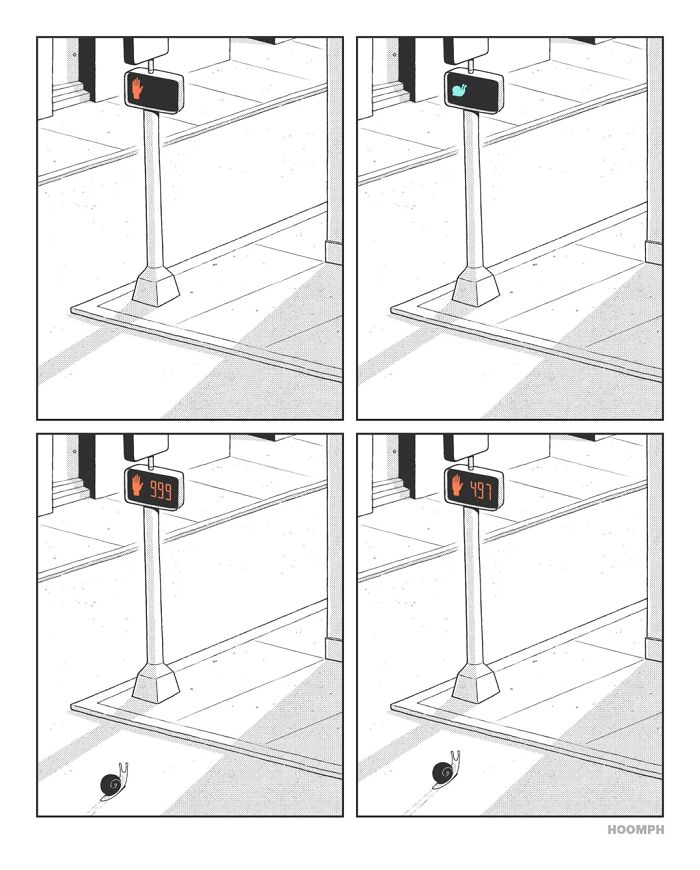 A comic by Bips McCallister featuring a snail crossing the road under a pedestrian light, counting down slowly.