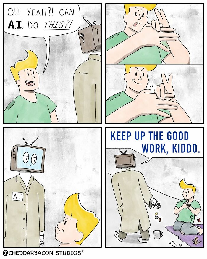 Hilarious comic where a man challenges AI by performing a finger trick, only for the AI to ignore him. Relatable adult humor.