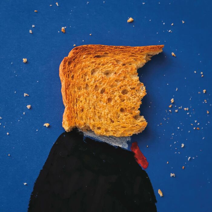 Playful illustration of a piece of toast shaped like Donald Trump's head on blue background