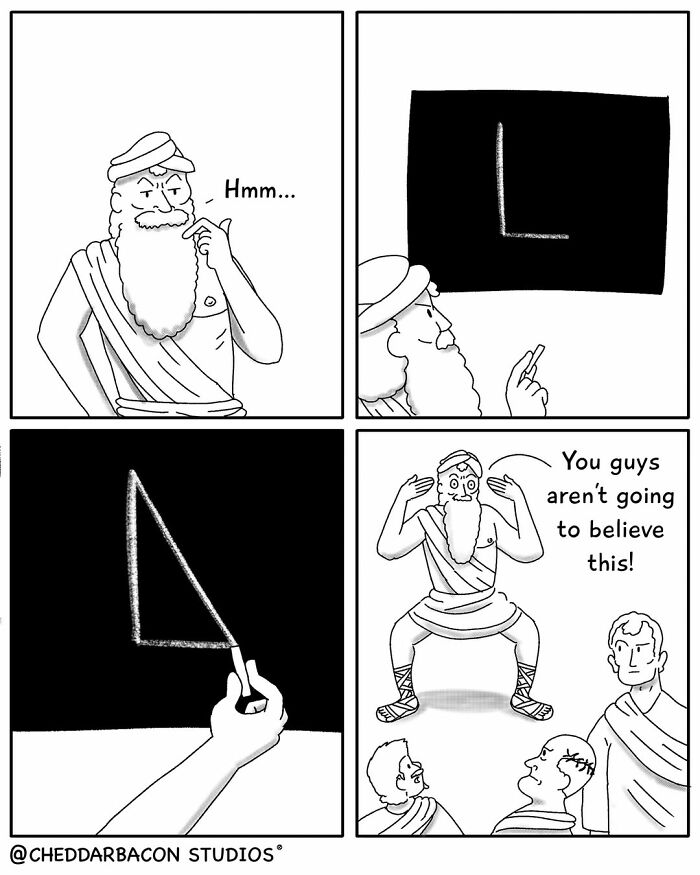 Hilarious comic illustrating a historical figure discovering the Pythagorean theorem with a surprised reaction. Relatable adult humor.