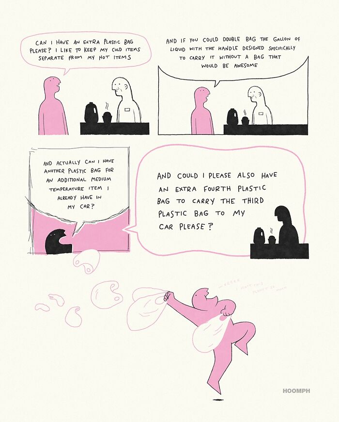 A comic by Bips McCallister showing a customer requesting an excessive amount of plastic bags from a cashier.