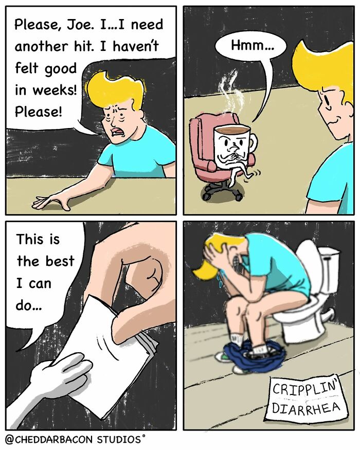 Hilarious comic depicting an adult's desperate need for coffee, leading to crippling diarrhea. Relatable adult humor.