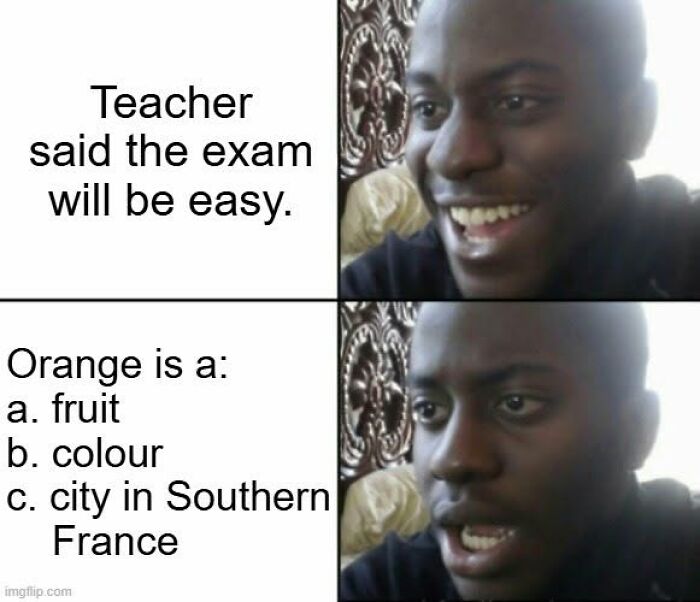 Humorous exam meme about orange as fruit, color, or city