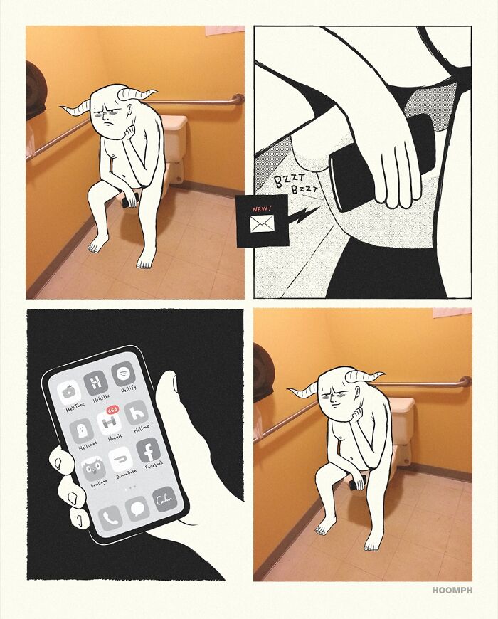 A hilarious Bips McCallister comic where a horned figure receives a notification while on the toilet.
