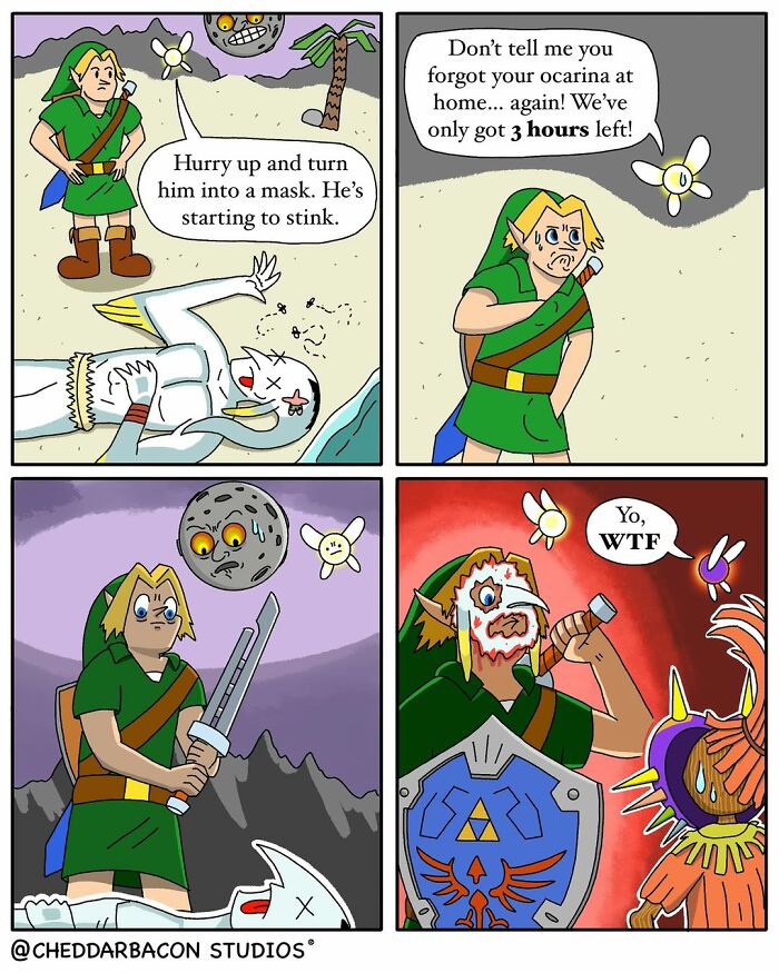 A comic exaggerating the insanity and relatability of being an adult, with Link realizing he forgot his ocarina.