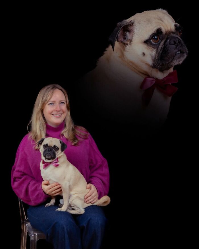 A photographer captured a woman and two pugs in silly and quirky portraits of pets and their owners.