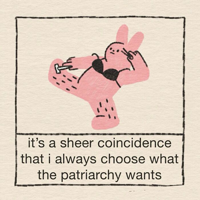 Pink rabbit shaving legs with text about choosing what the patriarchy wants