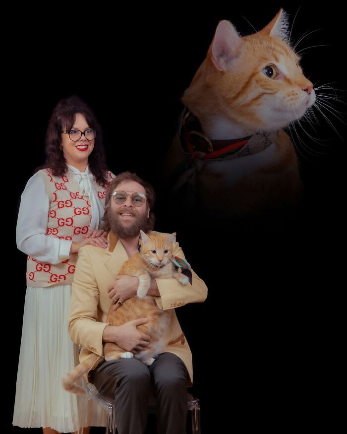 A photographer captured a man, woman, and two cats in silly and quirky portraits of pets and their owners.