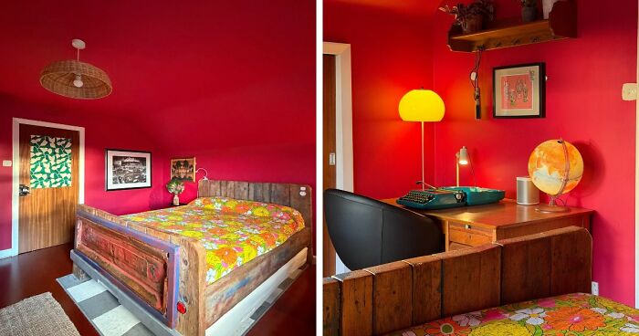 Home decor projects transforming a bedroom with vibrant red walls, a colorful bedspread, and vintage desk.