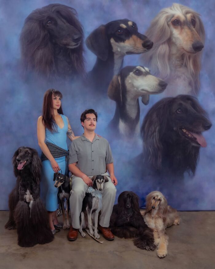 A photographer captured a man, woman, and six dogs in silly and quirky portraits of pets and their owners.