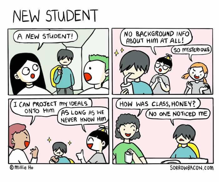 Artist creates comics about a new student in funny twists, showing how others project ideals onto them, but they feel unnoticed.