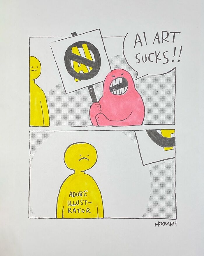 A comic by Bips McCallister shows a red blob protesting AI art, then a yellow figure reveals Adobe Illustrator.